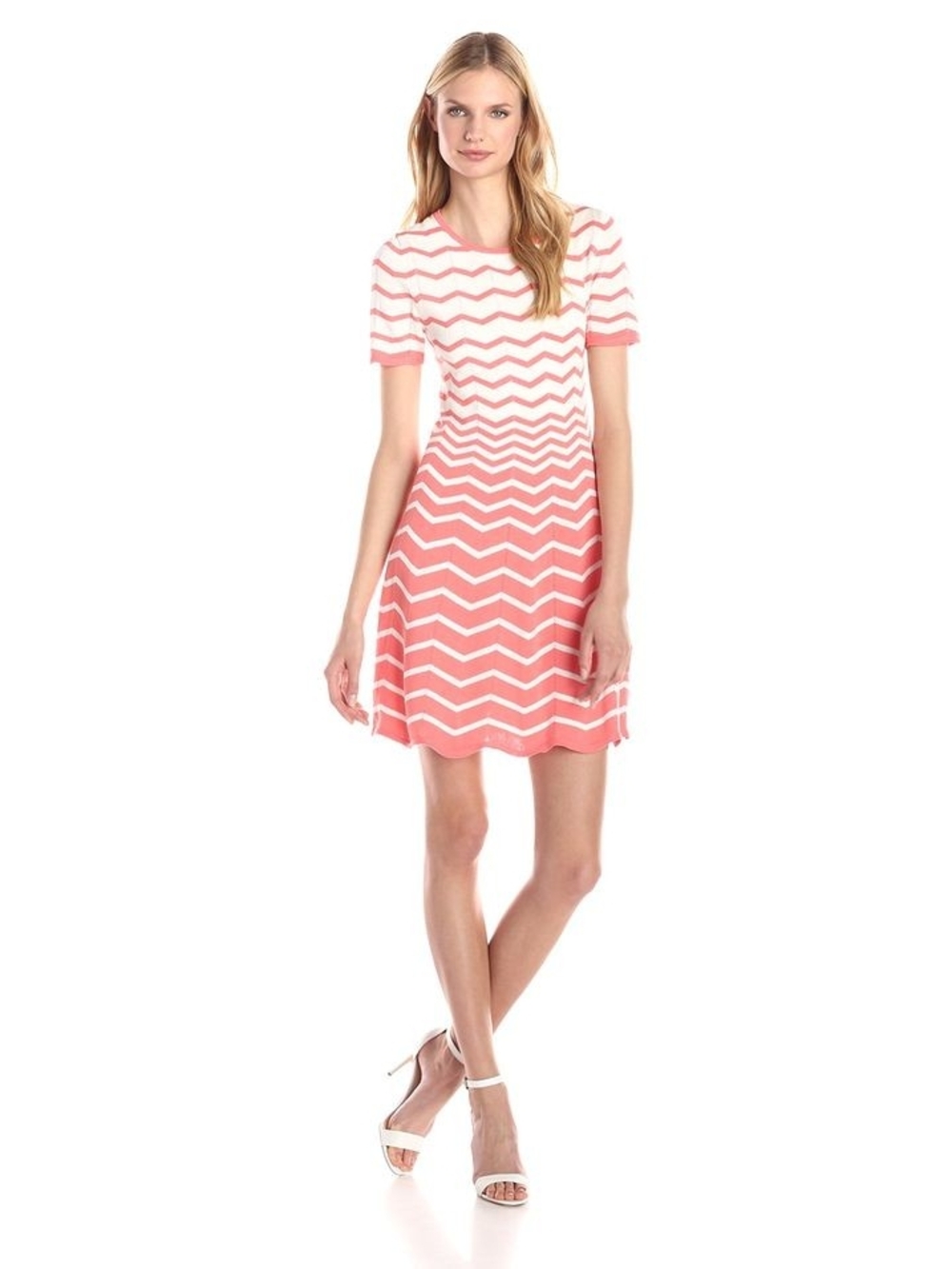 Trina Turk Coral and White Chevron Short-Sleeve A-Line Dress